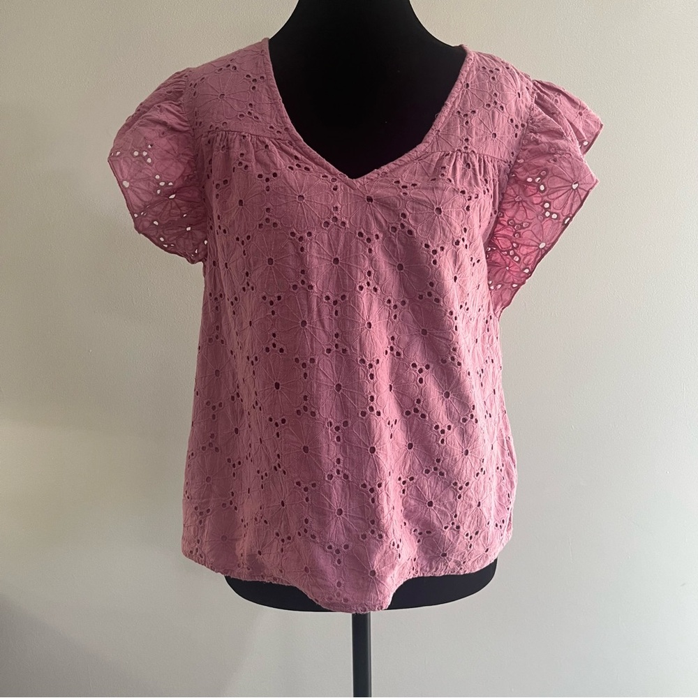 Molly Bracken Pink Cotton Ruffle Floral Eyelet V-Neck Women's Shirt Blouse Top